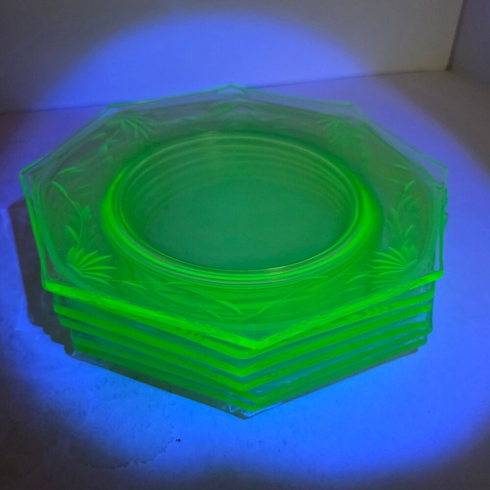 Uranium Glass Salad Plates 8" Set of 6 Green Octagonal Etched Floral Depression